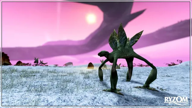 A creature on a snowy landscape beneath a pink sky, from the official Ryzom Steam gallery